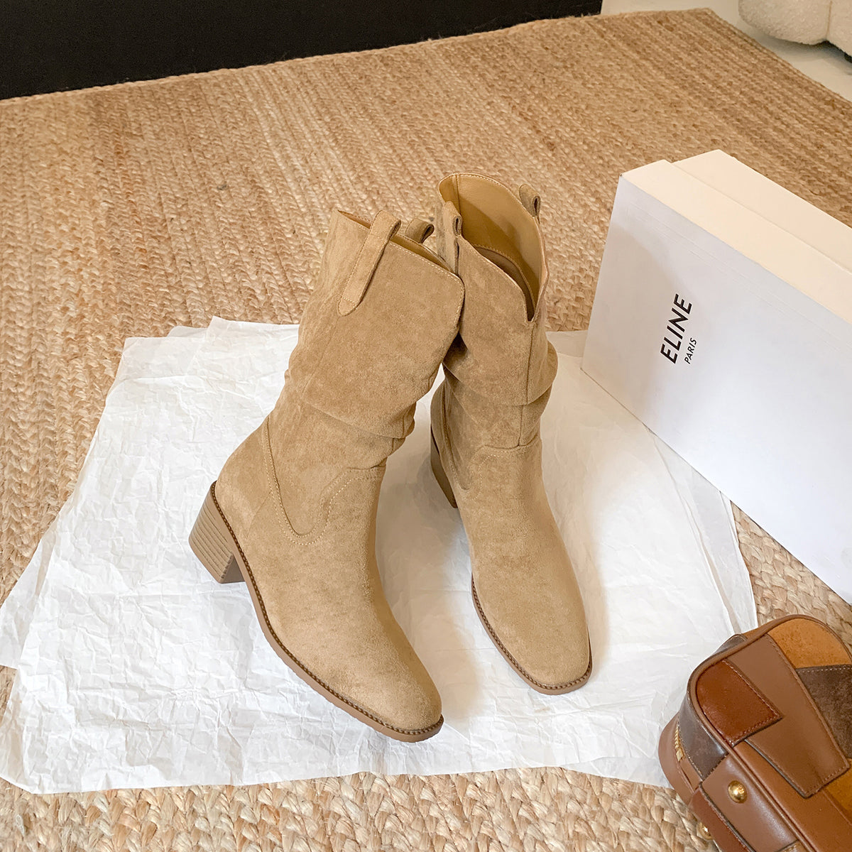 Women’s tan suede-look ankle boots with pleated shaft, chunky block heel, pull-on