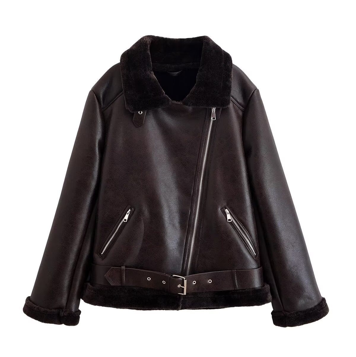Women’s black leather-look coat with faux-fur collar, side zip pockets and front zipper