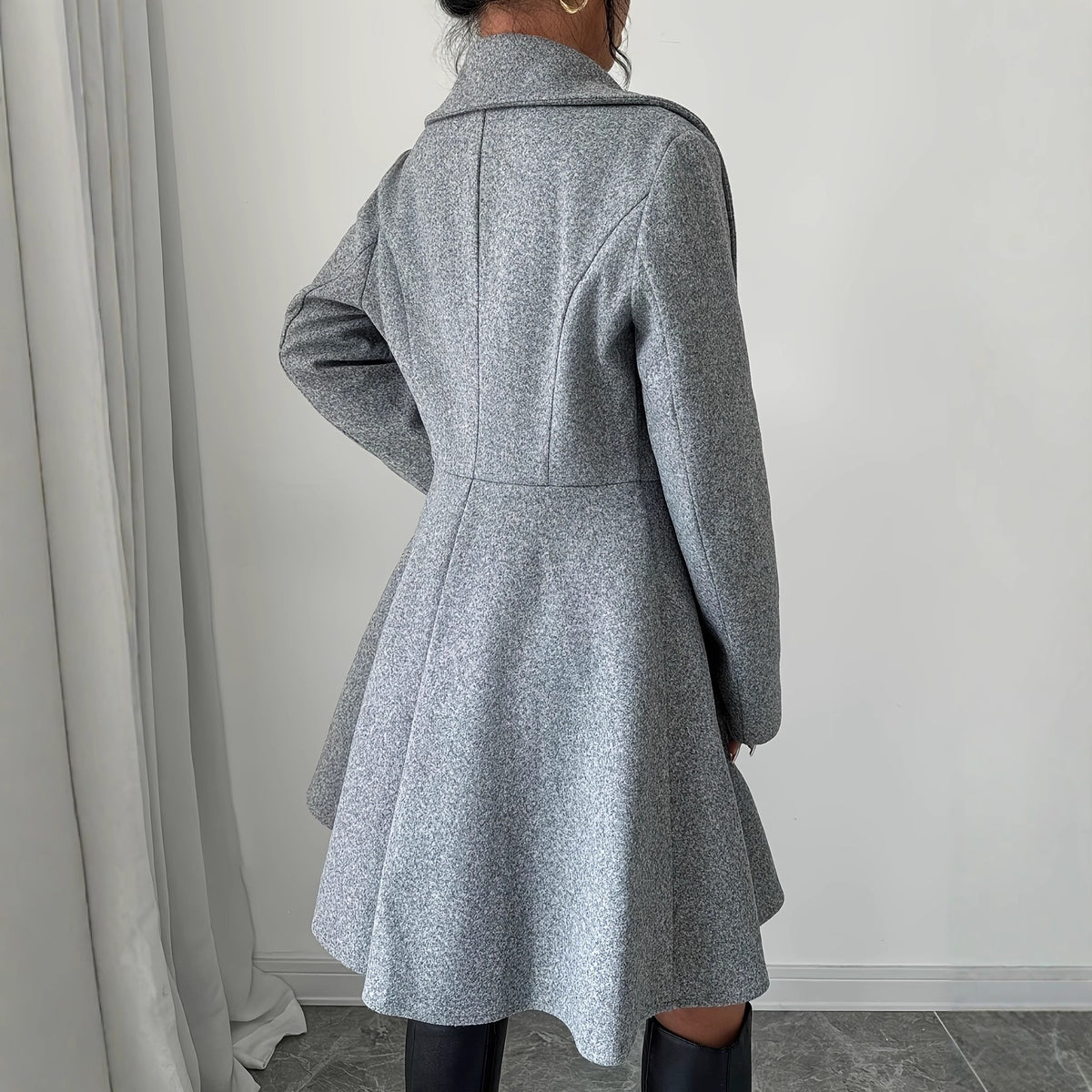 Gray wool-blend coat, back view, fitted waist seam and flared hem, long sleeves