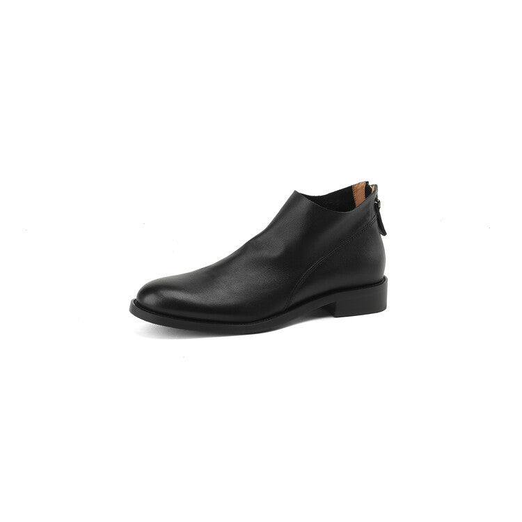 Women’s black short ankle boots with smooth finish and low chunky sole.