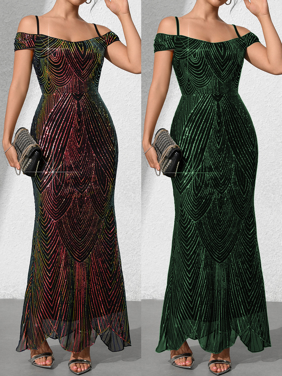 Off-shoulder sequin fishtail dress, dark multicolor, fitted bodice, long cascading hem