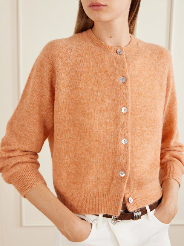Women's wool-blend knit cardigan, orange round neck with button front, ribbed cuffs