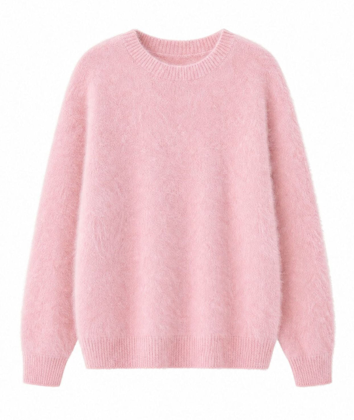 Women’s crew neck cashmere sweater in light pink brushed knit with ribbed cuffs and hem