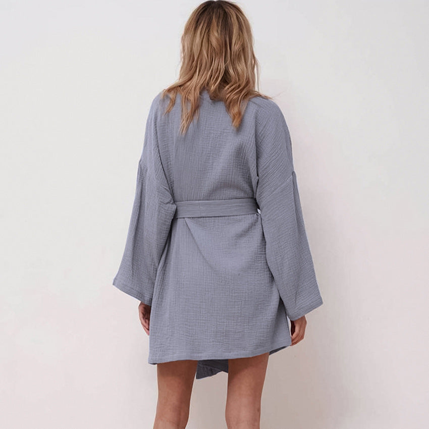 Women’s grey gauze wrap robe nightgown from back view with long sleeves and waist tie