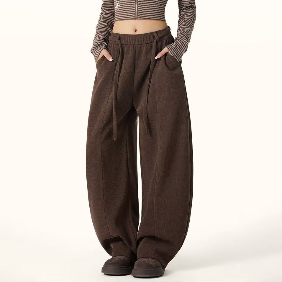 Corduroy Wide Leg Pants for Women — High Waist Drawstring Barrel Leg Fit