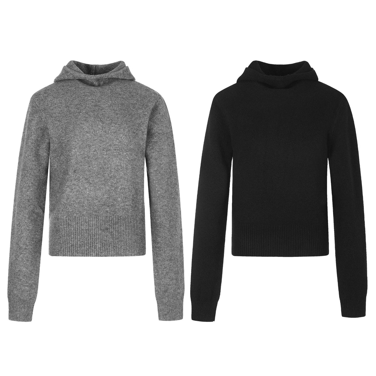 Two hooded long-sleeve knit sweaters: gray and black with ribbed hem and cuffs