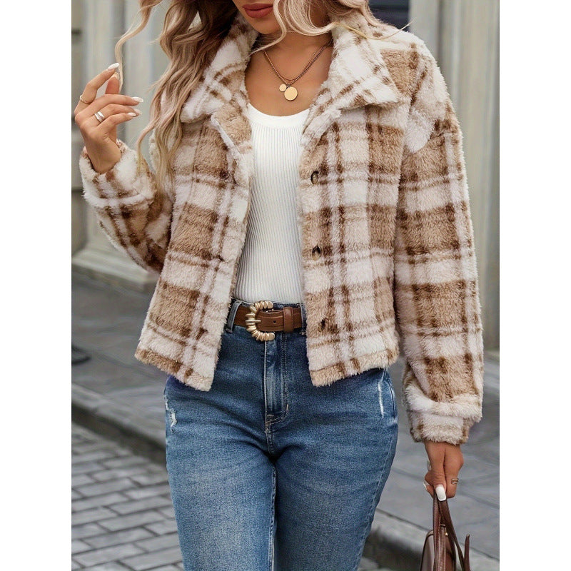 Women’s khaki plaid plush button cardigan with open collar over white knit top
