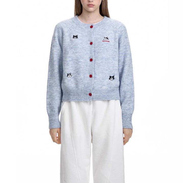 Mohair Cardigan for Women — Soft Fuzzy Knit with Embroidered Cat Motifs