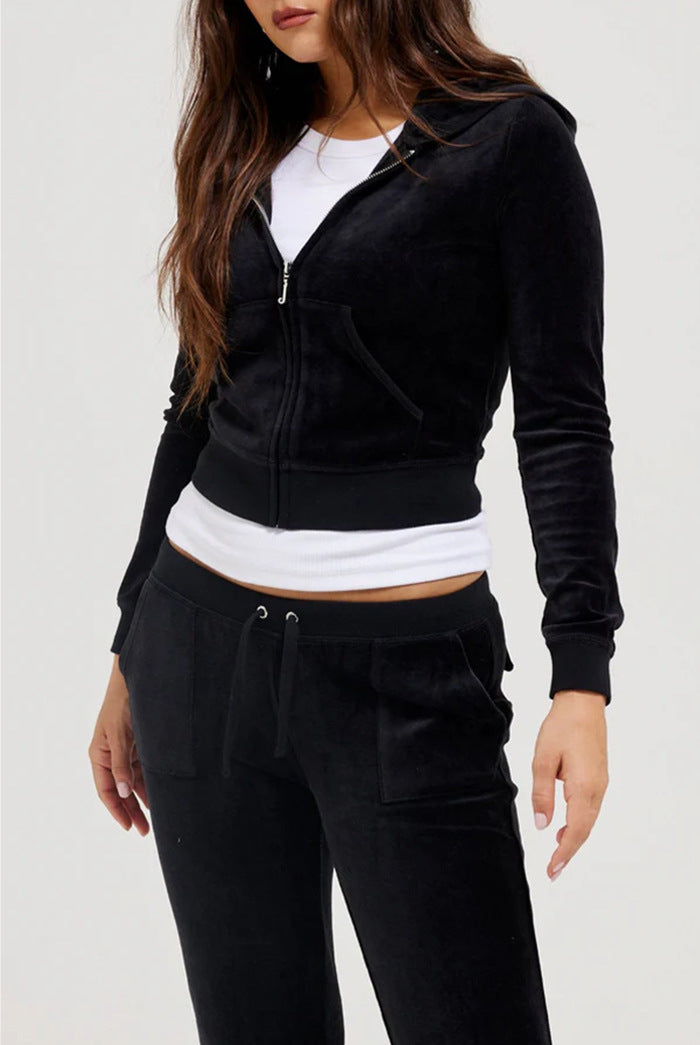 Black velvet zip-front hoodie jacket with front pockets and cropped hem