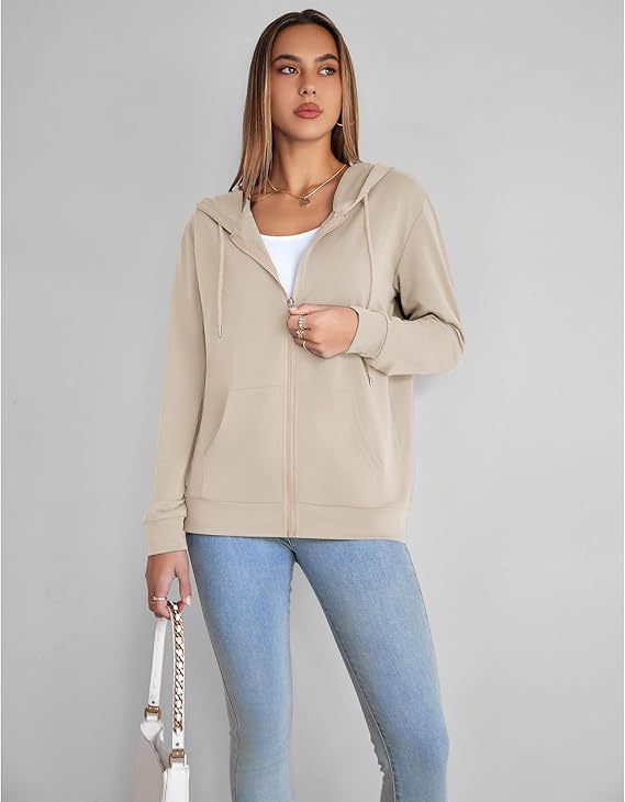 Light beige zip-up hoodie with hood drawstrings and kangaroo pocket