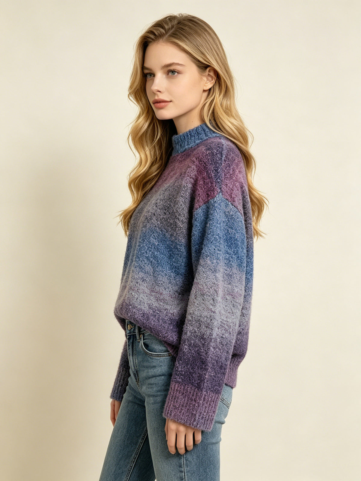 Women’s gradient knit sweater, round neck, relaxed drop-shoulder long sleeves in violet and blue