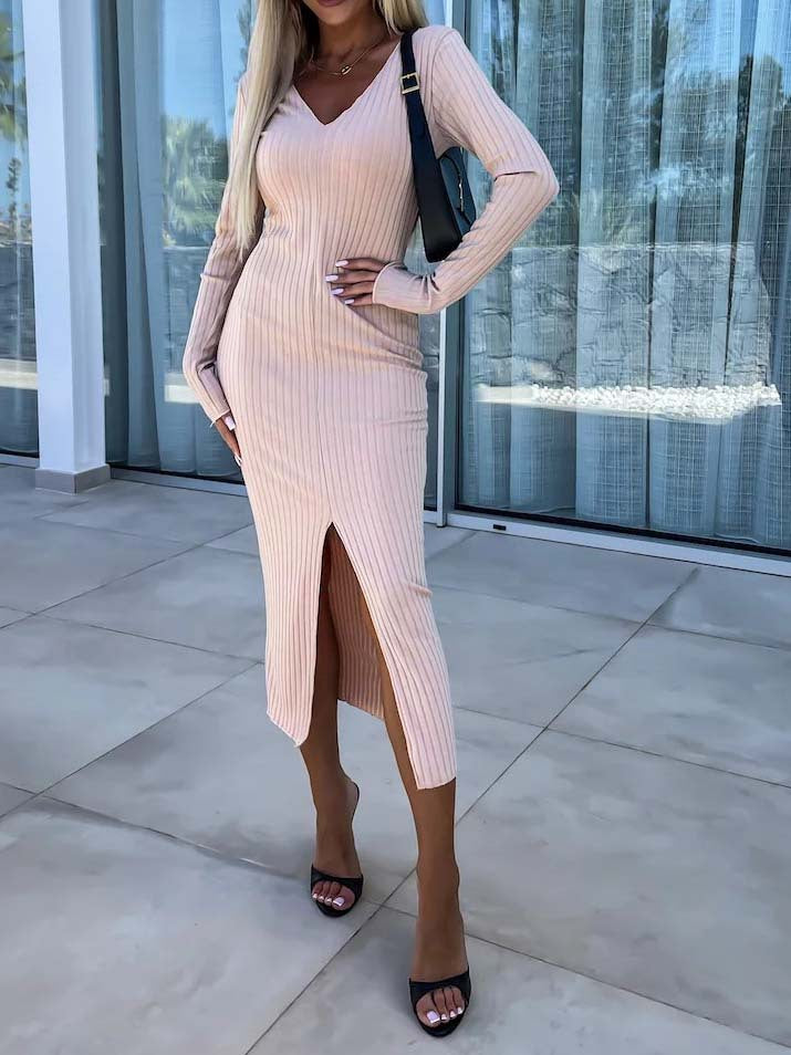 Apricot ribbed knit sweater dress with V-neck, long sleeves, side slit