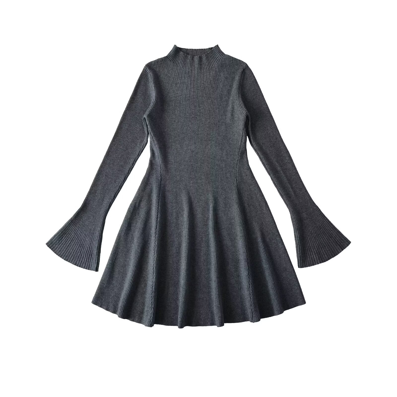 Gray knit mini dress with mock neck and long bell sleeves, flared skater skirt
