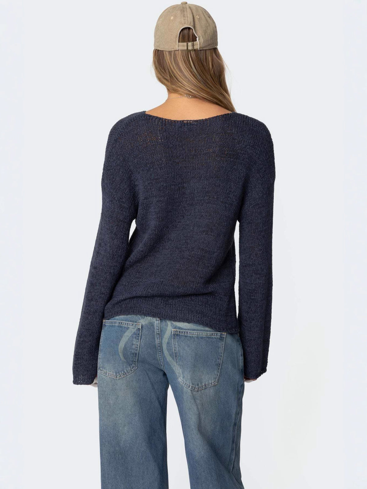 Women’s long-sleeve pullover sweater, dark navy textured knit, round neck, back view