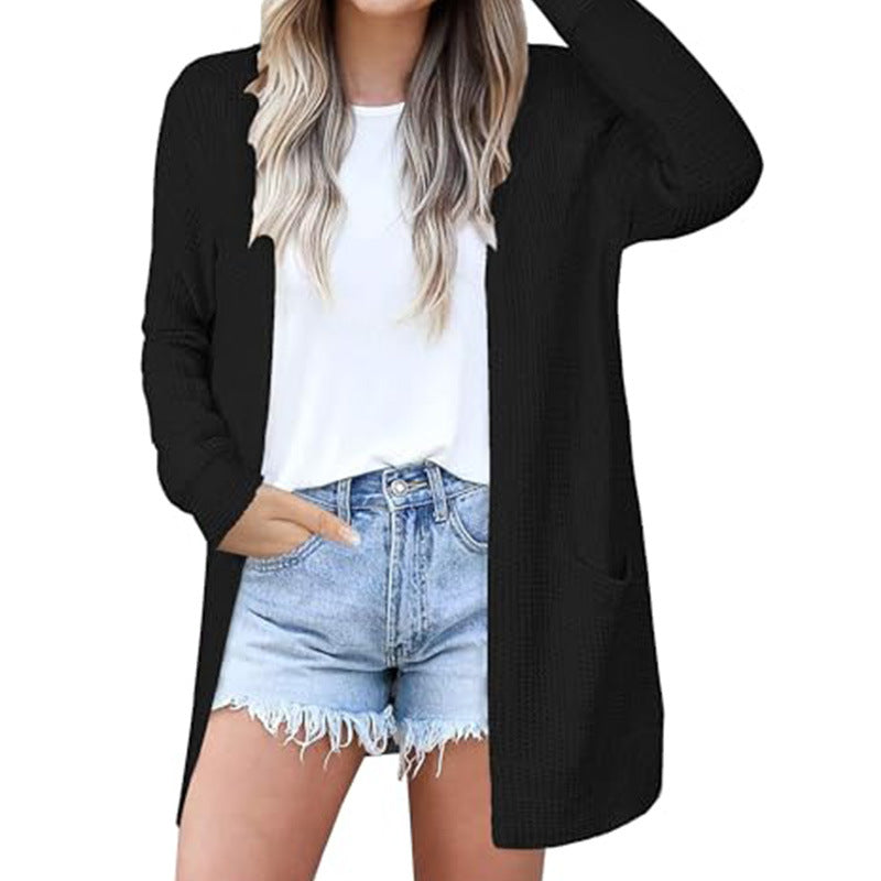Waffle Knit Open Front Cardigan for Women — Long Lightweight Layer with Pockets in Cotton Blend