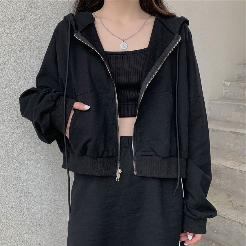 Cropped Zip Up Hoodie for Women — Two Way Zipper and Twin Pockets in Cotton Jersey