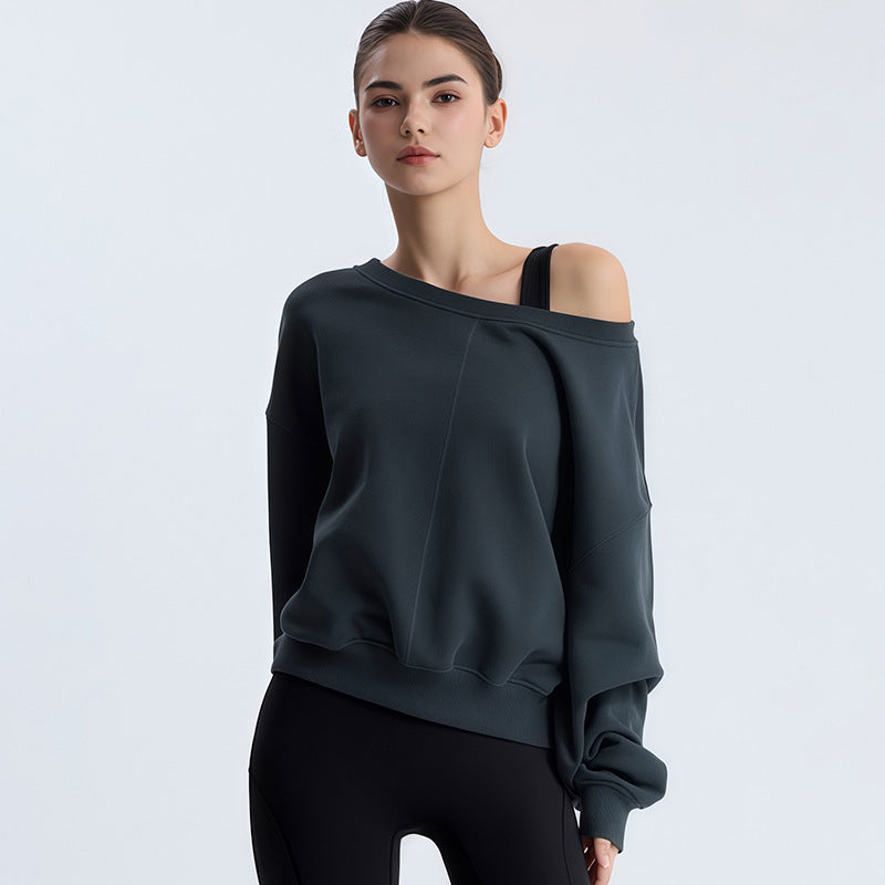 Off-shoulder dark teal sweatshirt with wide neckline and long sleeves