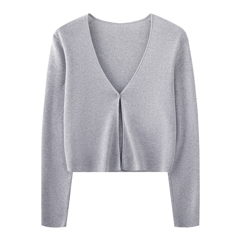 V-neck cropped cardigan for women, lightweight long sleeves with one-button front, gray