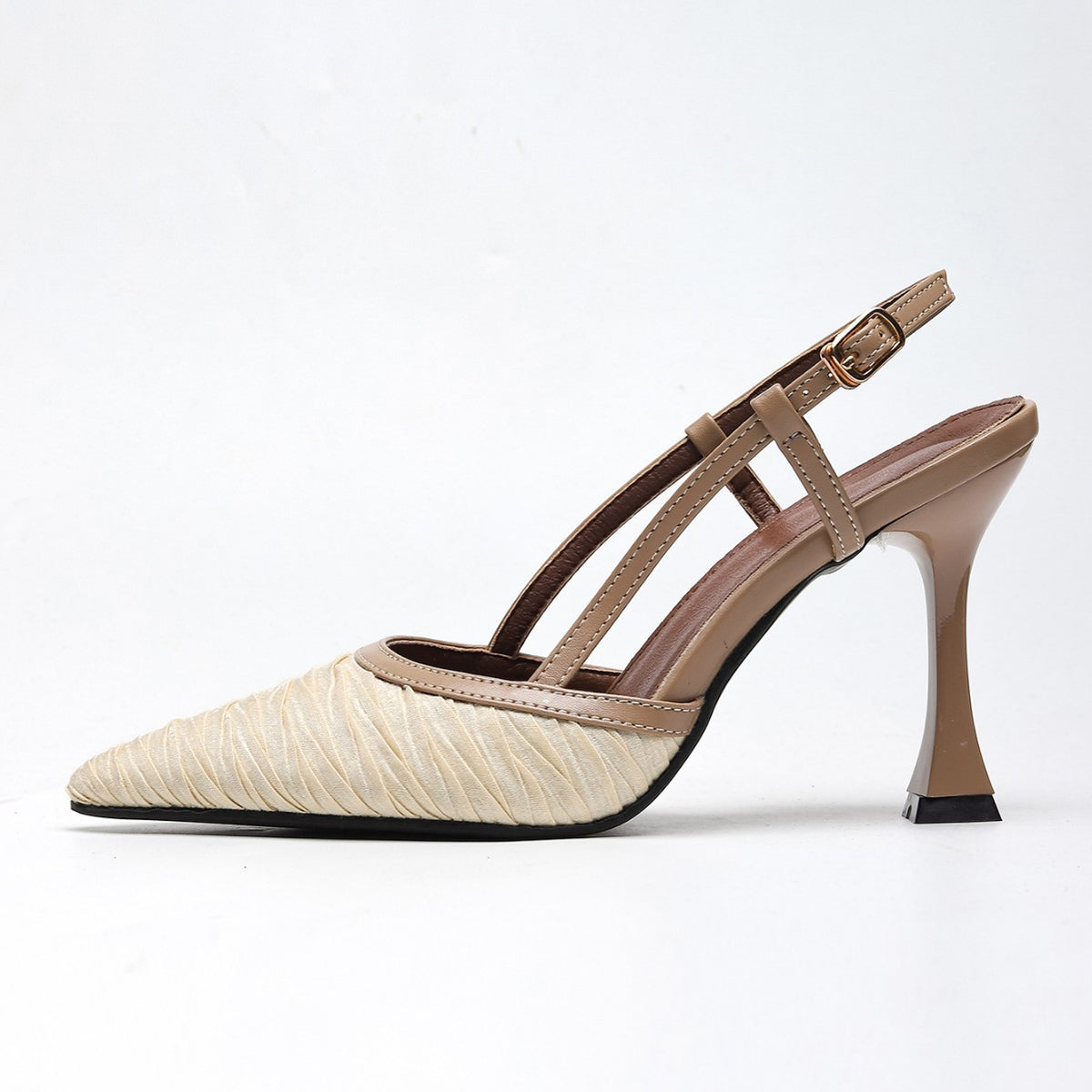Off-white pointed-toe high-heel slingback pumps with open heel and buckle back strap