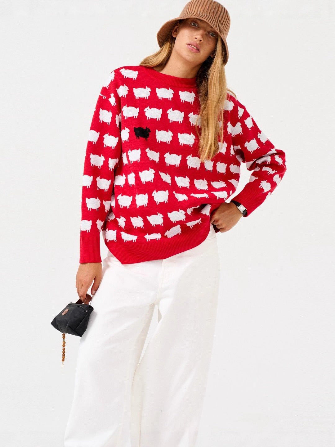 Sheep Sweater for Women — Oversized Crew Neck Knit Pullover in Soft Wool