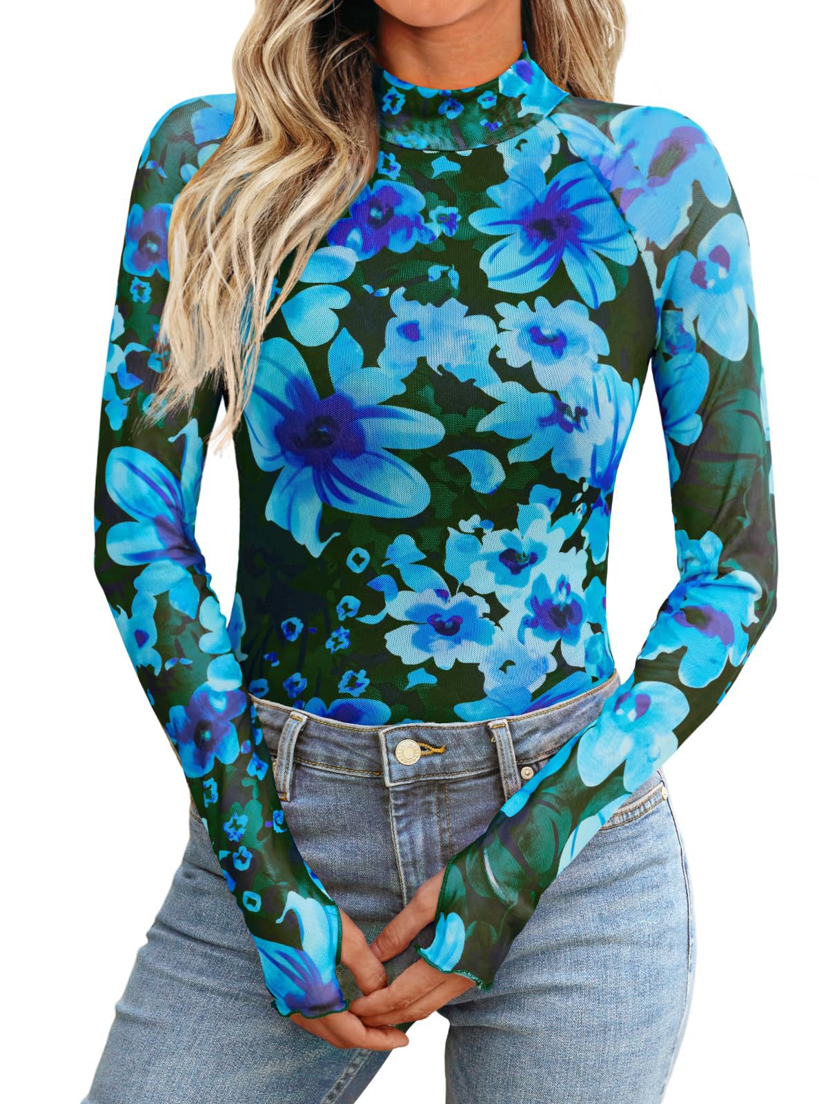 Blue floral mesh crewneck long-sleeve top with thumb holes