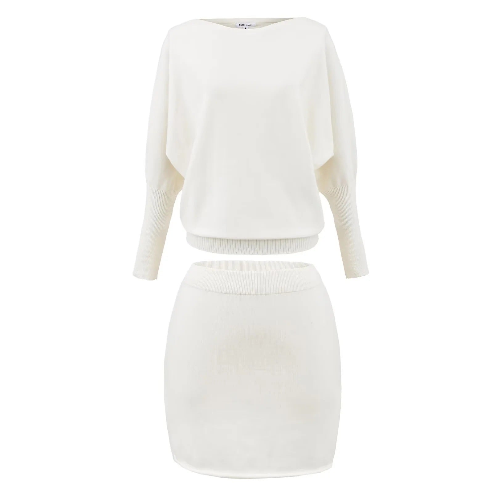 White knitted off-shoulder sweater and hip skirt two-piece set