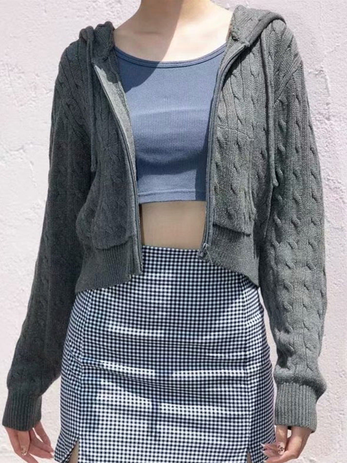 Dark gray cropped cable-knit zip-up hoodie with hood and front pockets