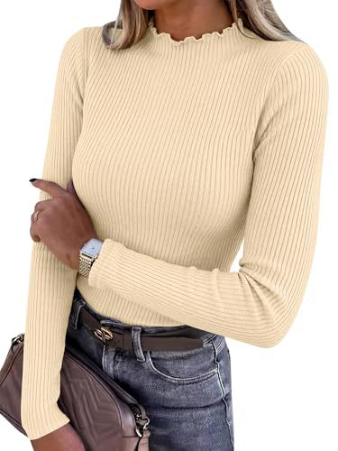 Mock Neck Top for Women — Fitted Ribbed Long Sleeve Knit with Lettuce Trim in Viscose