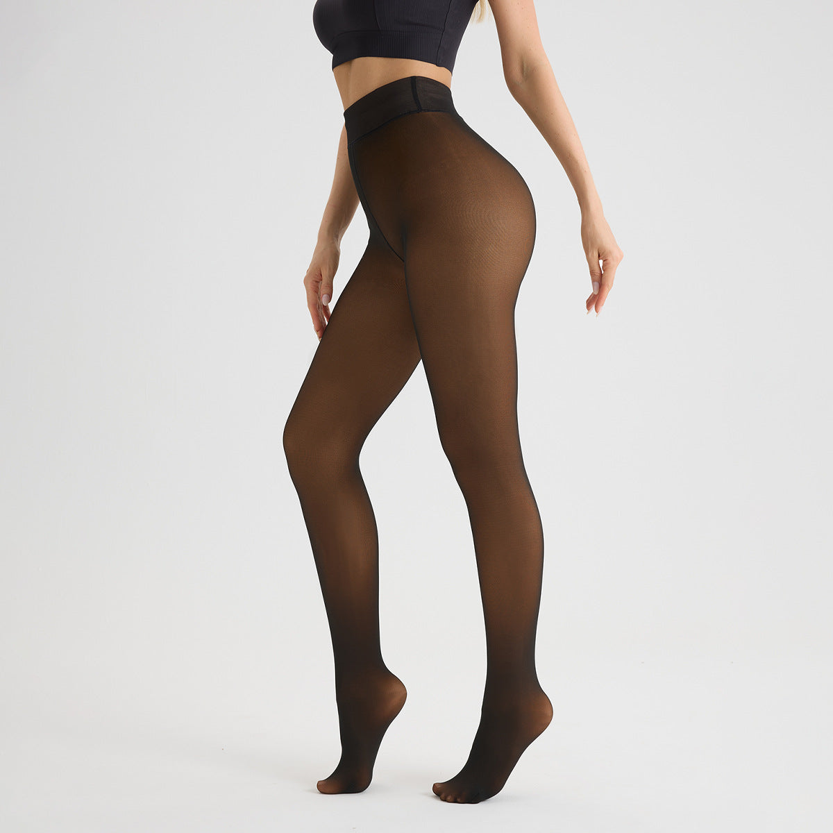 Women’s sheer fleece-lined thick leggings pantyhose in brown, side view