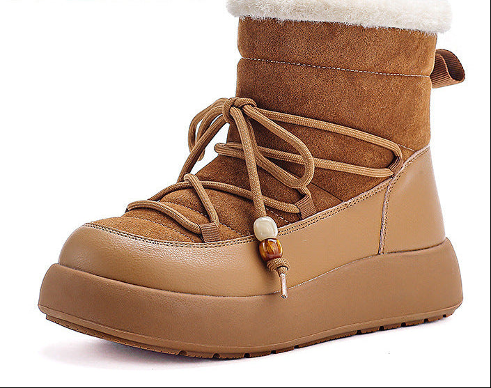 Tan/brown lace-up winter snow boot with thick sole and fuzzy top cuff