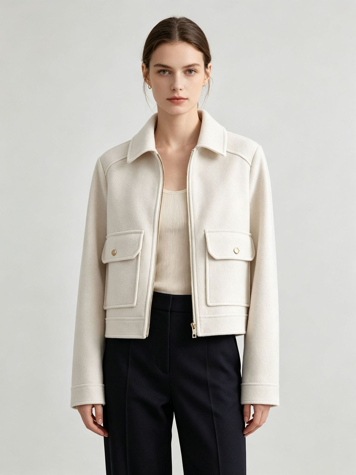 Wool Blend Cropped Jacket for Women — Boxy Zip Front with Chest Flap Pockets