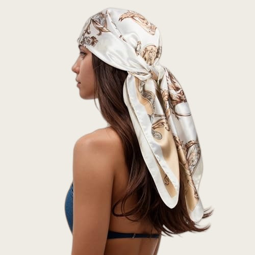 Satin square scarf for head in white with tan and gold floral scroll print