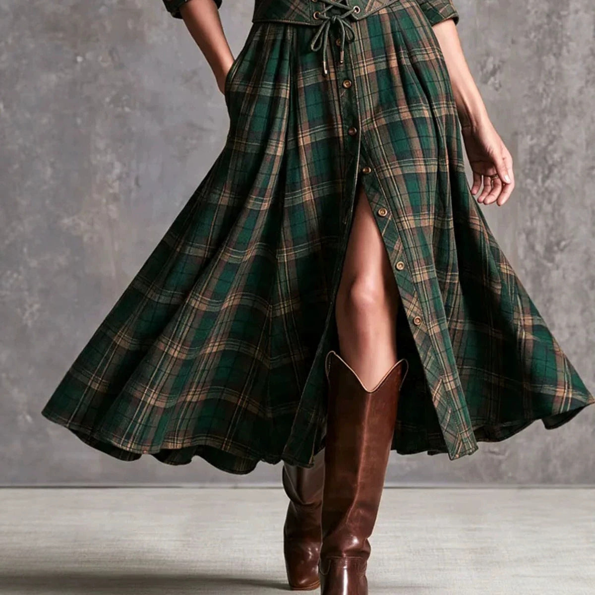 Green plaid long skirt with lace-up waist belt, front buttons, and side slit opening