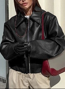 Faux Leather Bomber Jacket for Women — Oversized Cropped Fit with Point Collar
