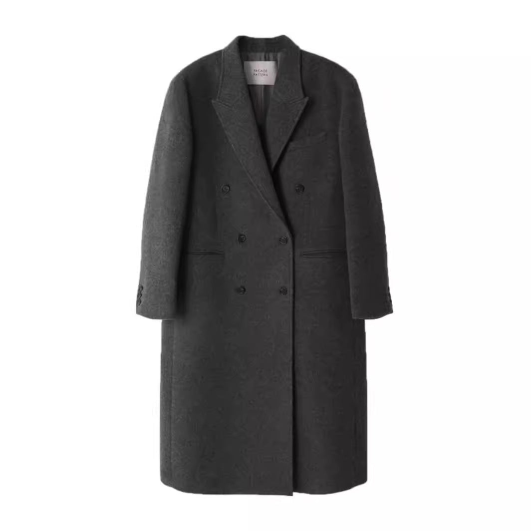 Charcoal long wool coat front view, double-breasted buttons and notched lapels