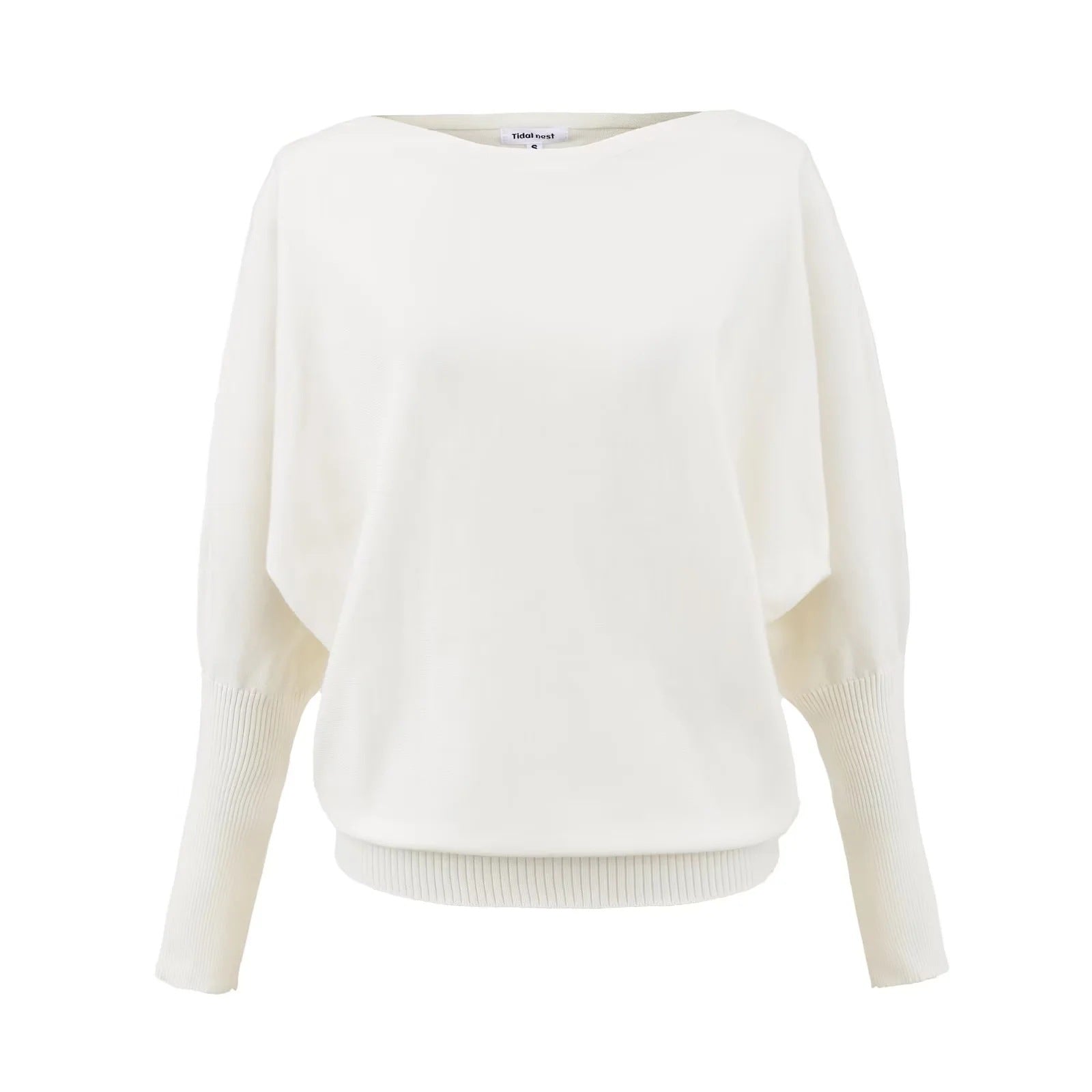 White knitted off-shoulder sweater with ribbed hem and cuffs