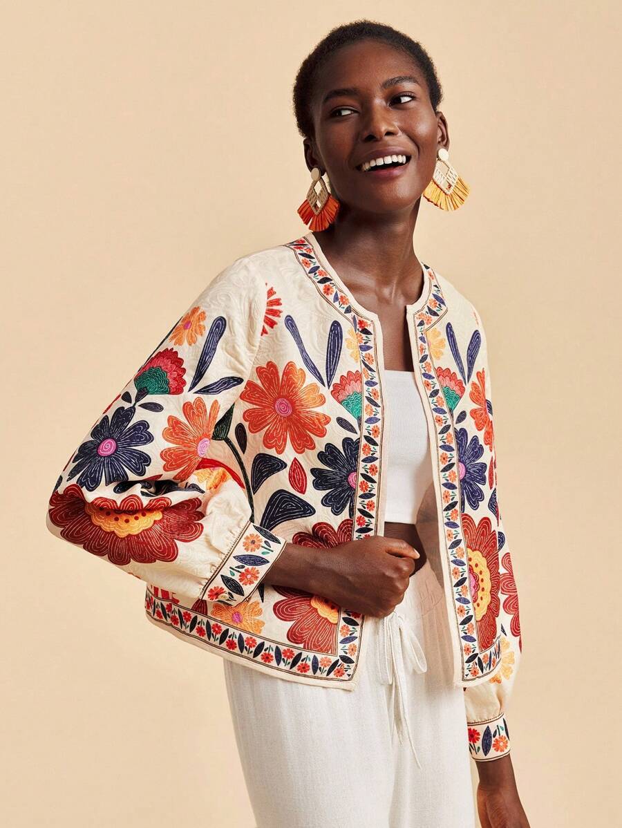 Women’s short floral jacket cardigan in cream, colorful flower and leaf print, banded trim