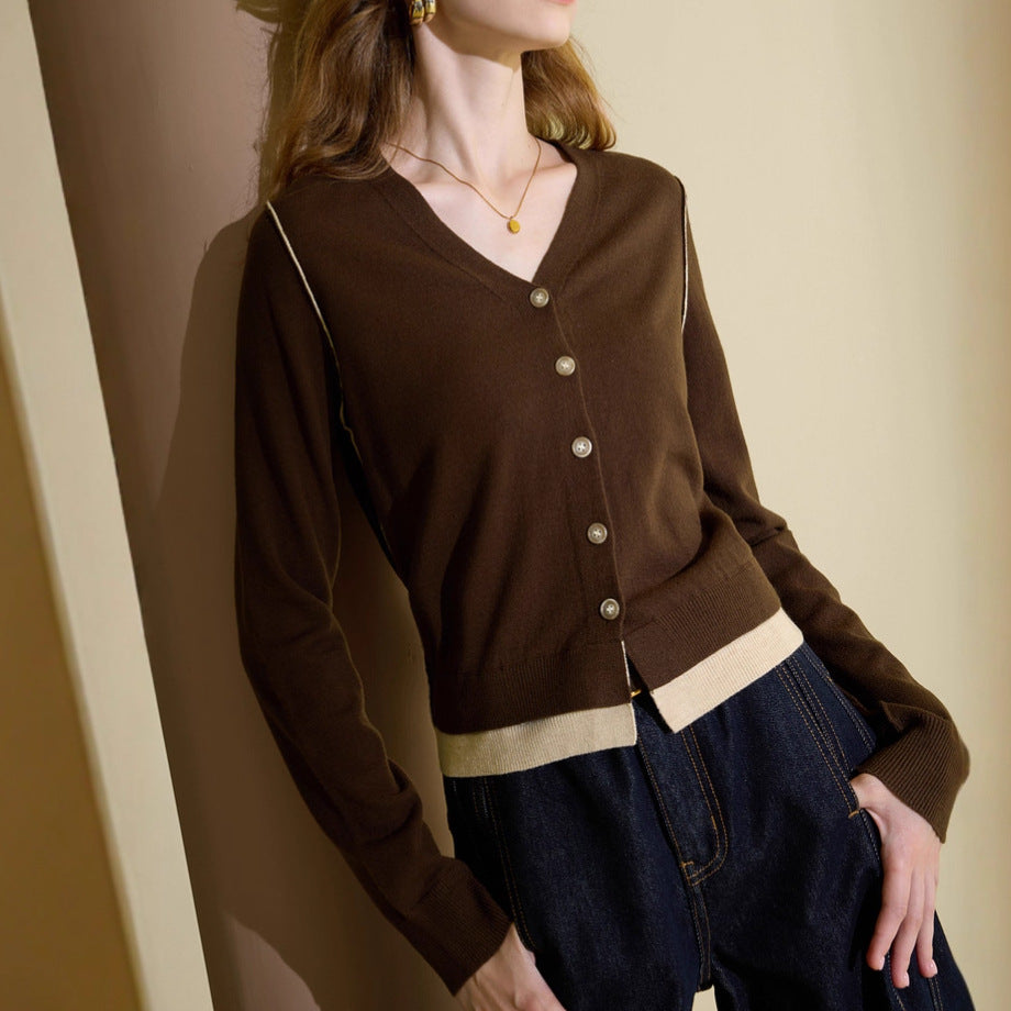 Brown V-neck knit cardigan with light button placket and cream contrast hem band