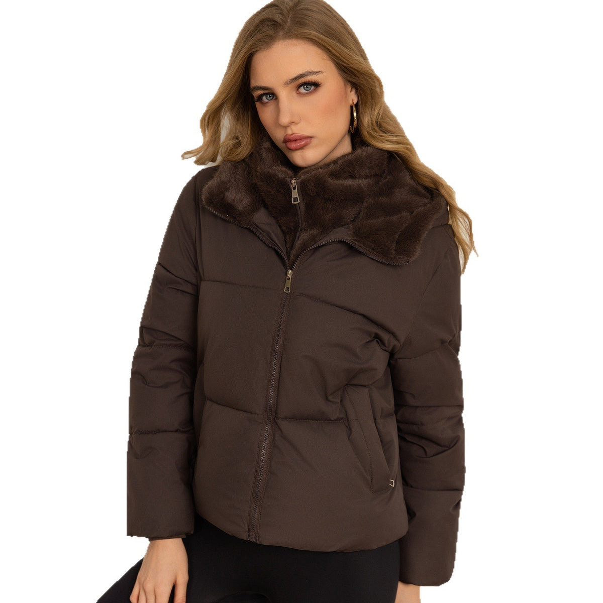 Puffer Jacket for Women — Short Quilted Zip Up with Faux Fur Collar in Warm Nylon