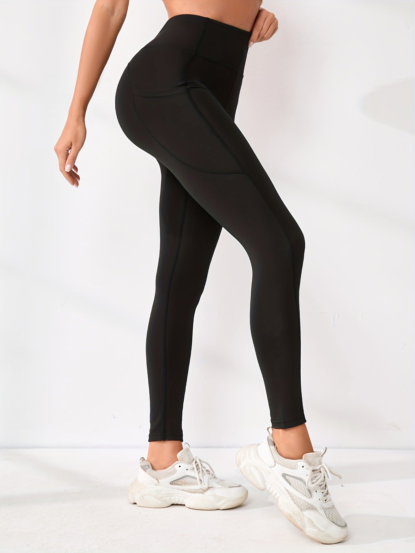 Black Leggings with Side Pockets for Women — High Waisted Tummy Control Yoga Fit