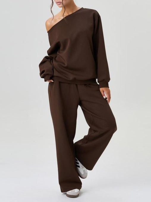 Brown oblique-shoulder long-sleeve top and wide-leg pants two-piece set