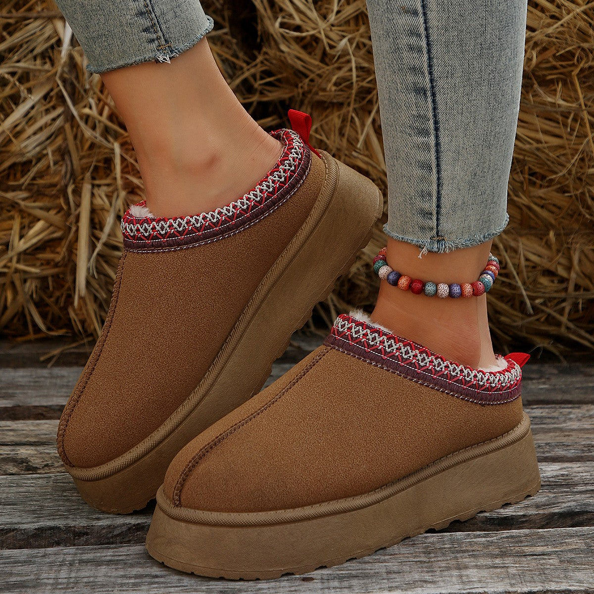 Platform Slippers for Women — Fur Lined Slip On Mules with Embroidered Trim