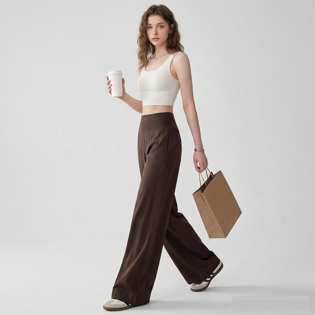 High-waisted wide-leg yoga pants in dark brown with roomy straight-to-wide legs