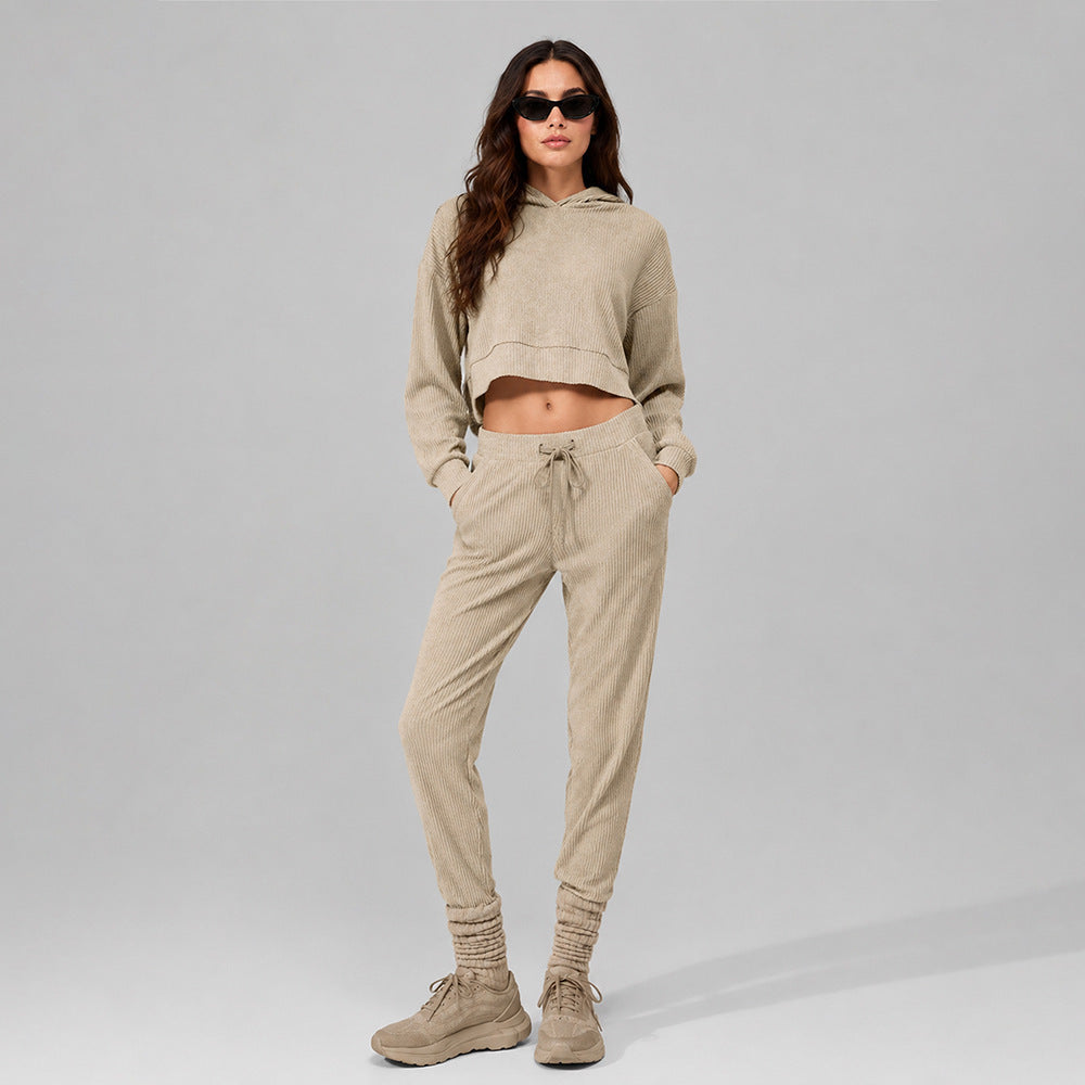 Women's gravel beige corduroy lounge set, cropped hoodie with drawstring joggers