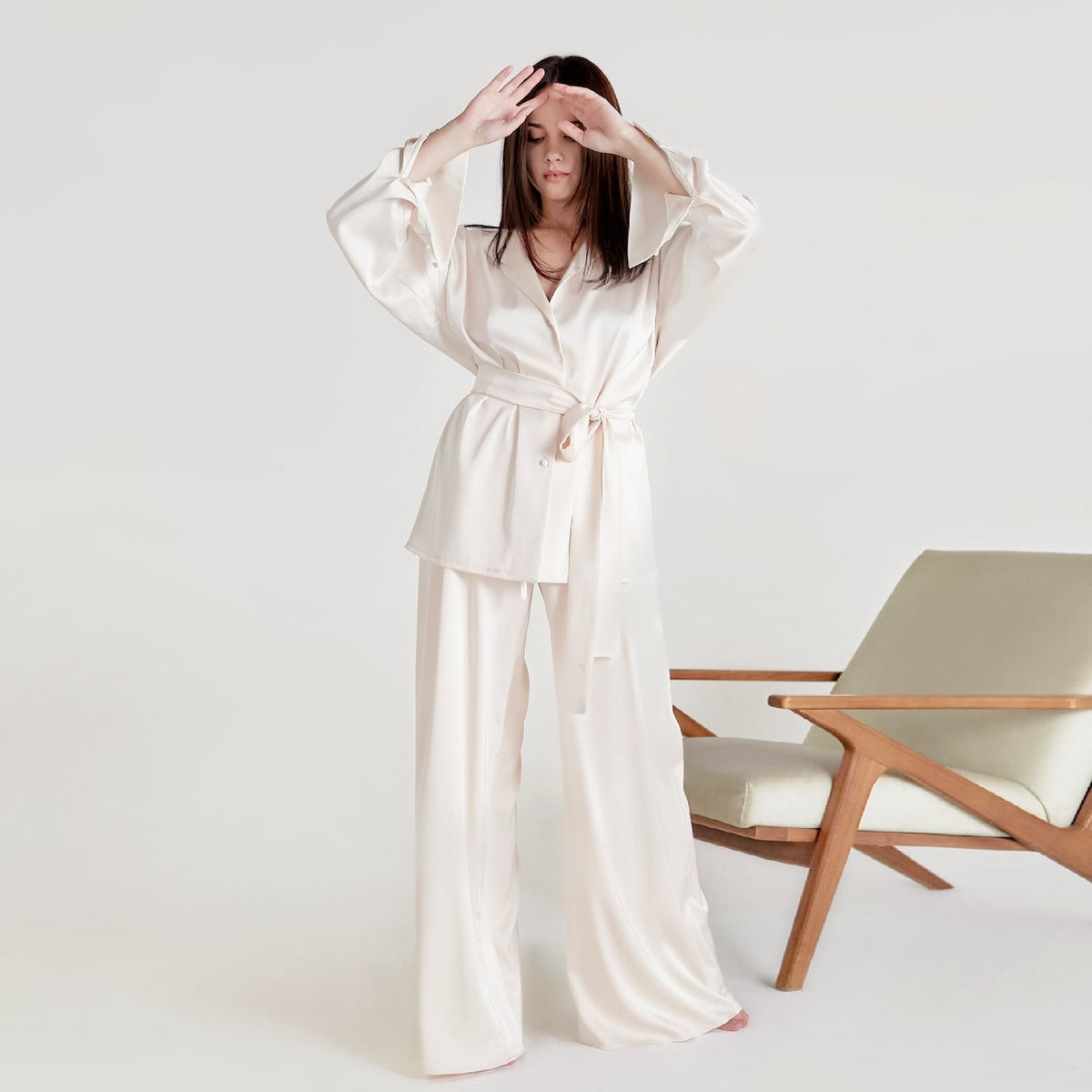 Wide-leg satin-look long pajama pants with drawstring tie, white