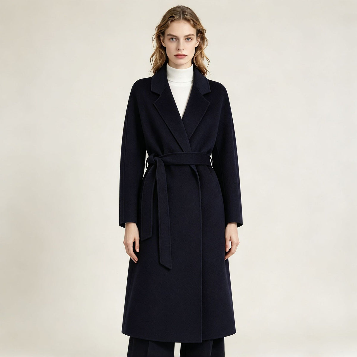 Dark navy double-breasted wool cashmere coat with tie-waist belt and wide lapels