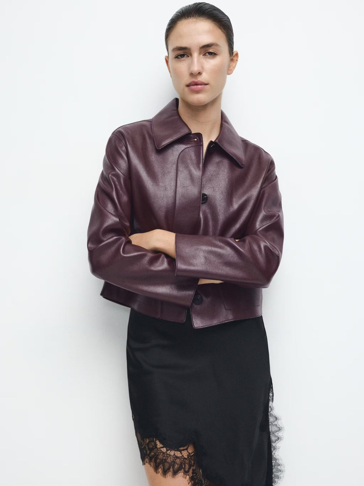 Women's wine red leather short jacket with stand collar and button front