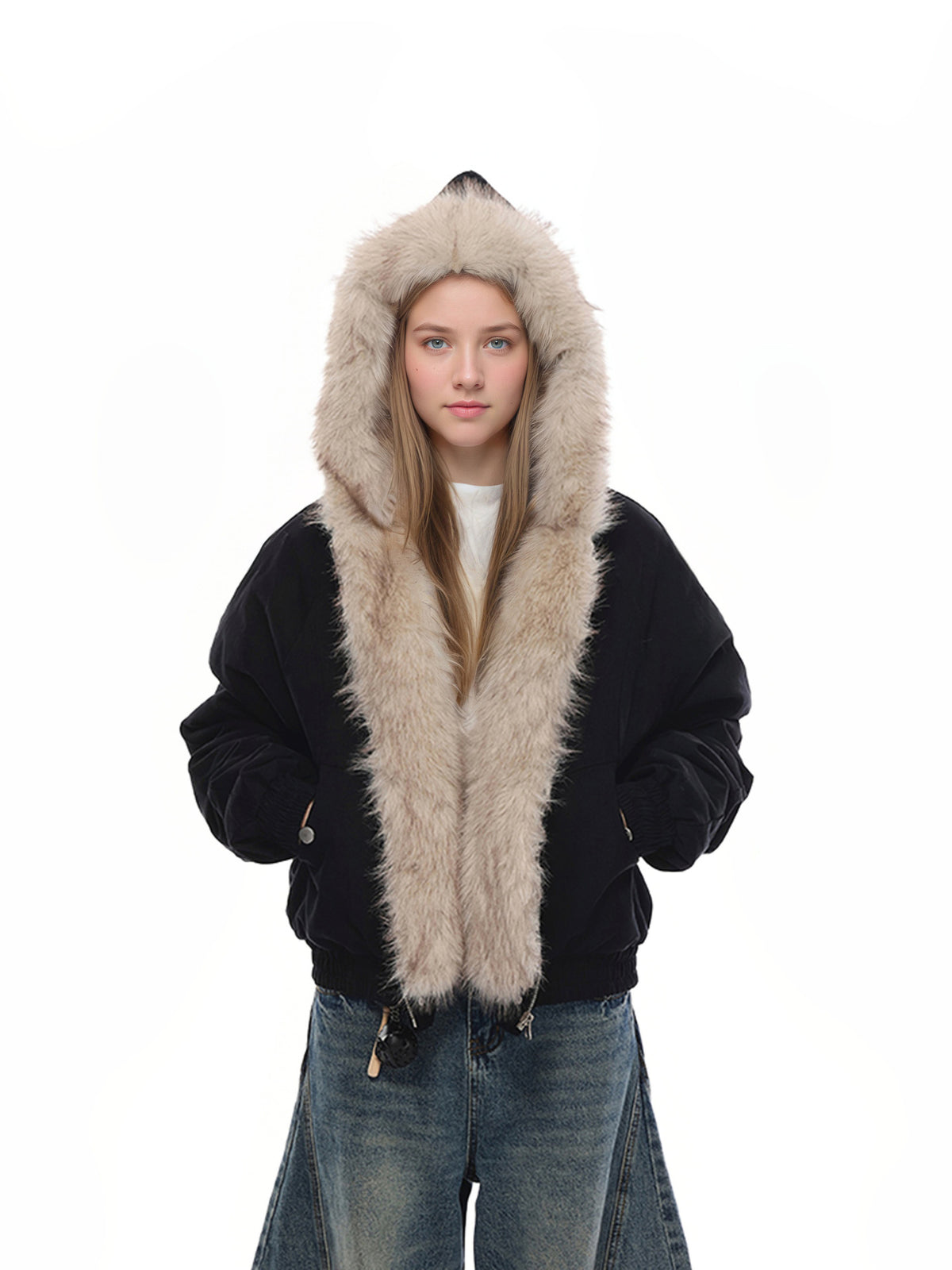 Black hooded winter jacket with plush faux fur trim and full zipper front