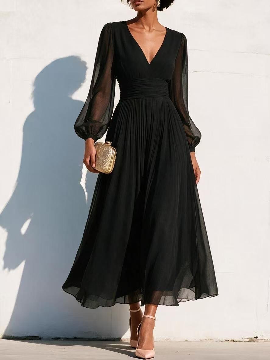 Chiffon Midi Dress for Women — Deep V Neck Pleated Skirt with Long Balloon Sleeves