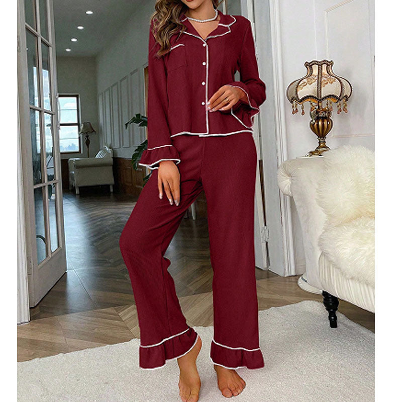 Women’s wine red button-front pajama set with turn-down collar and wide-leg long pants.